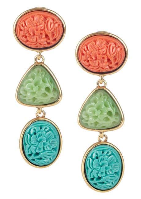 Embellished with floral-etched coral, turquoise, and jade cabochons, Oscar de la Renta's 24-karat gold-plated earrings are a bold red carpet style