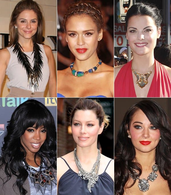 Maria Menounos, Jessica Alba, Jaimie Alexander, Kelly Rowland, Jessica Biel, and Tulisa wearing statement necklaces