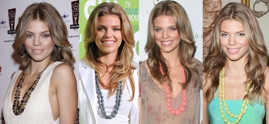 AnnaLynne McCord wearing long beaded necklaces at different events