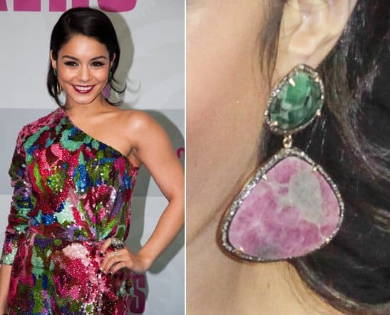 Vanessa Hudgens wears green and pink gemstone statement earrings