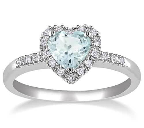 Sterling Silver Aquamarine and Diamond Heart Ring