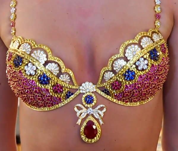 The Royal Fantasy Bra features more than 4,200 precious gems including rubies, diamonds, and yellow sapphires
