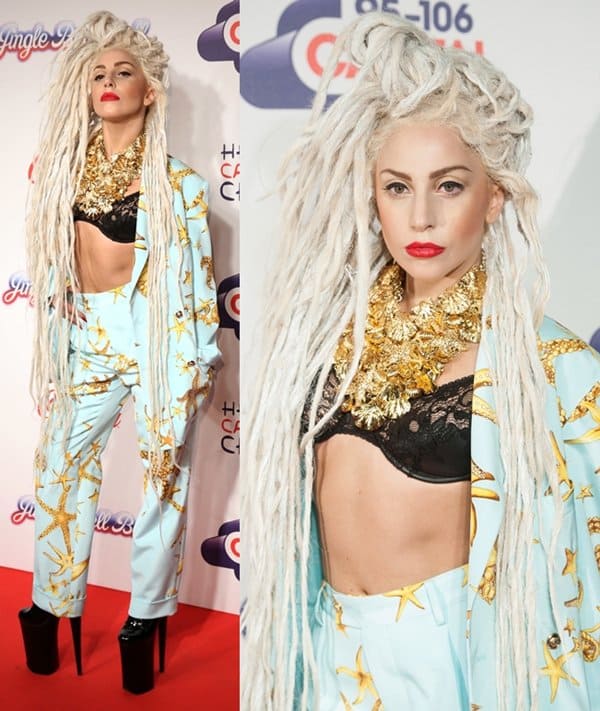 Lady Gaga wears towering boots with a seafoam-green Versace suit on day 2 of the Capital FM Jingle Bell Ball