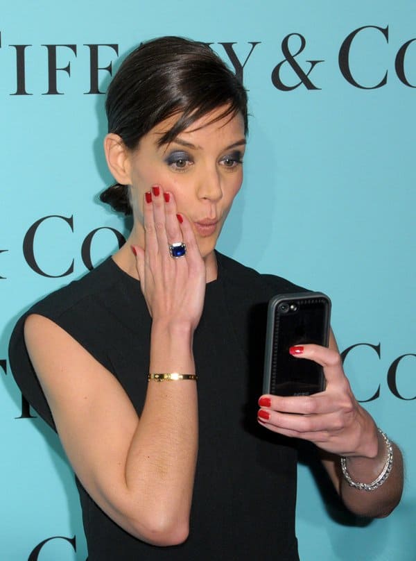 Katie Holmes takes a selfie wearing a Cartier Love bracelet and a gorgeous Tiffany ring and bracelet