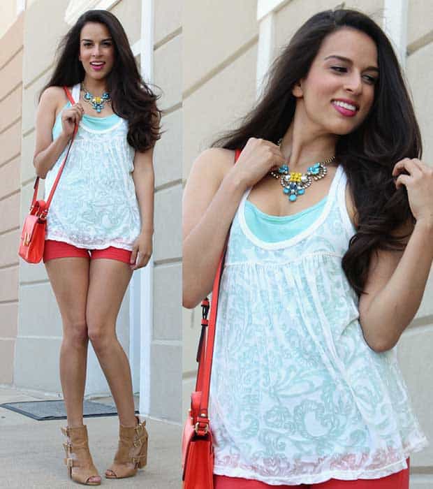 Katherine styled a mint colored shirt with a patterned see-through cami