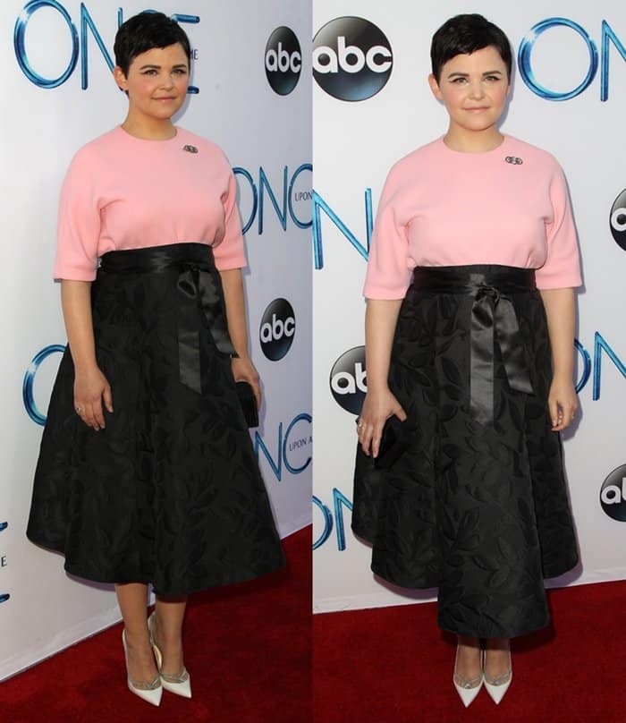 Ginnifer Goodwin in a top and black floral jacquard skirt by Marni at ABC's "Once Upon A Time" Season 4 red carpet premiere