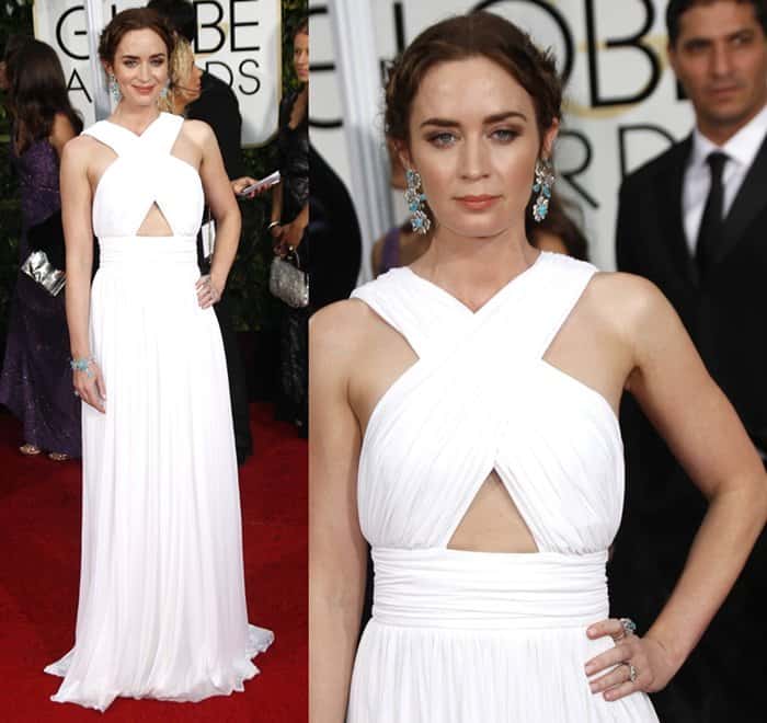 Emily Blunt in a white Michael Kors dress at the 72nd Annual Golden Globe Awards