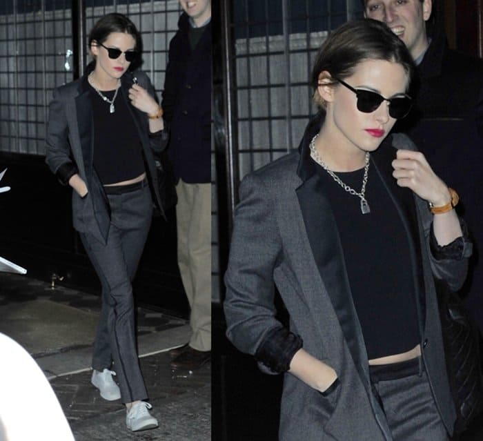 Kristen Stewart wears her Jillian Dempsey necklace while leaving a hotel in Manhattan