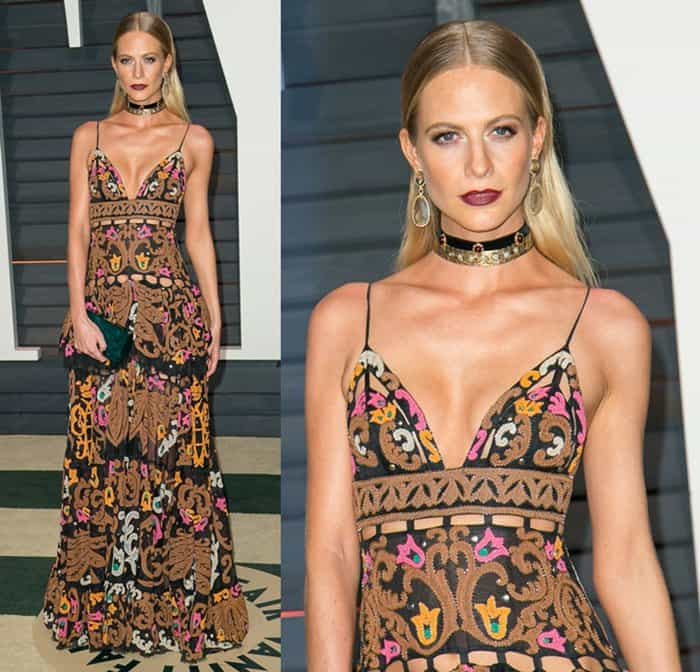 Poppy Delevingne in an Emilio Pucci Spring Summer 2015 embroidered maxi dress at the 2015 Vanity Fair Oscar Party