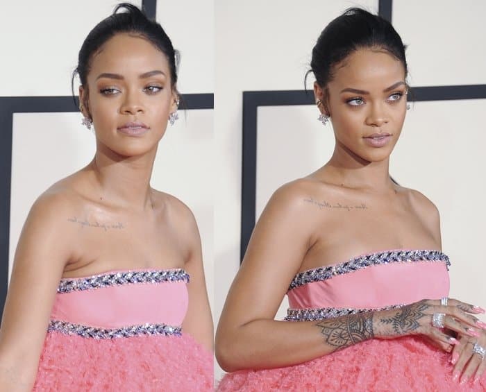 Rihanna in an embroidered Giambattista Valli Couture silk and tulle gown at the 57th Annual Grammy Awards