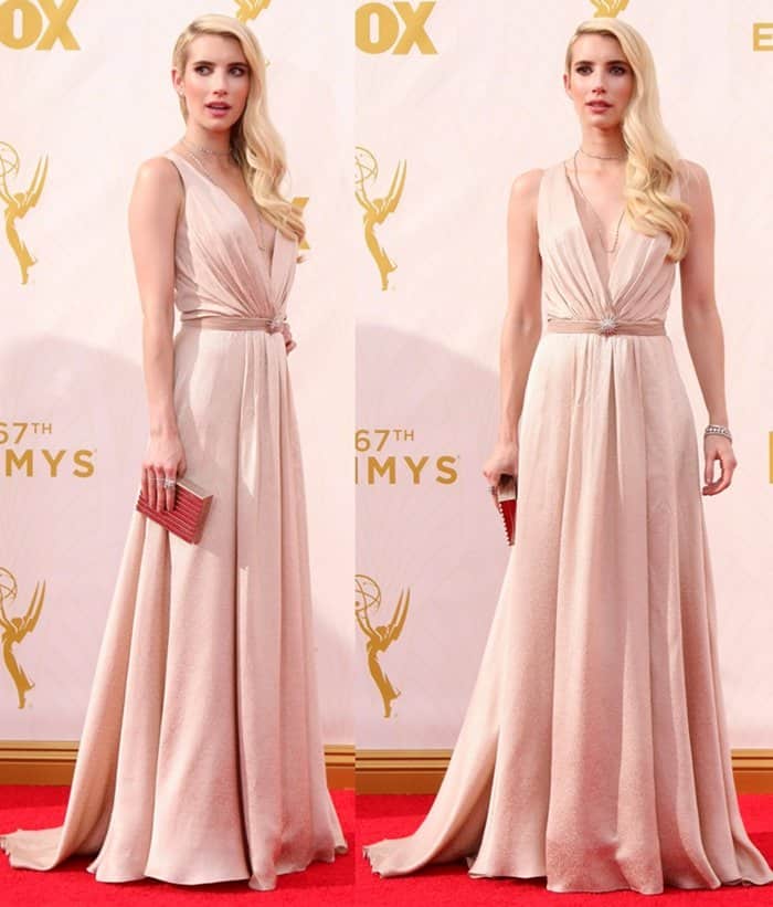 Emma Roberts in a Jenny Packham gown, Giuseppe Zanotti heels, a Lee Savage clutch, and Martin Katz jewelry at the 67th Emmy Awards
