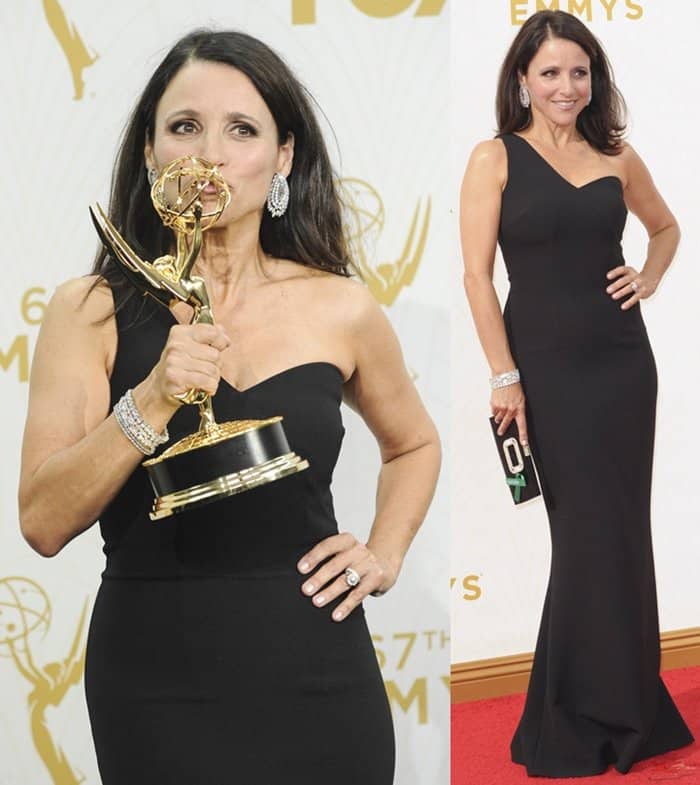 Julia Louis-Dreyfus in a Safiyaa dress, Salvatore Ferragamo shoes, Chopard jewels, and a Roger Vivier clutch at the 67th Emmy Awards