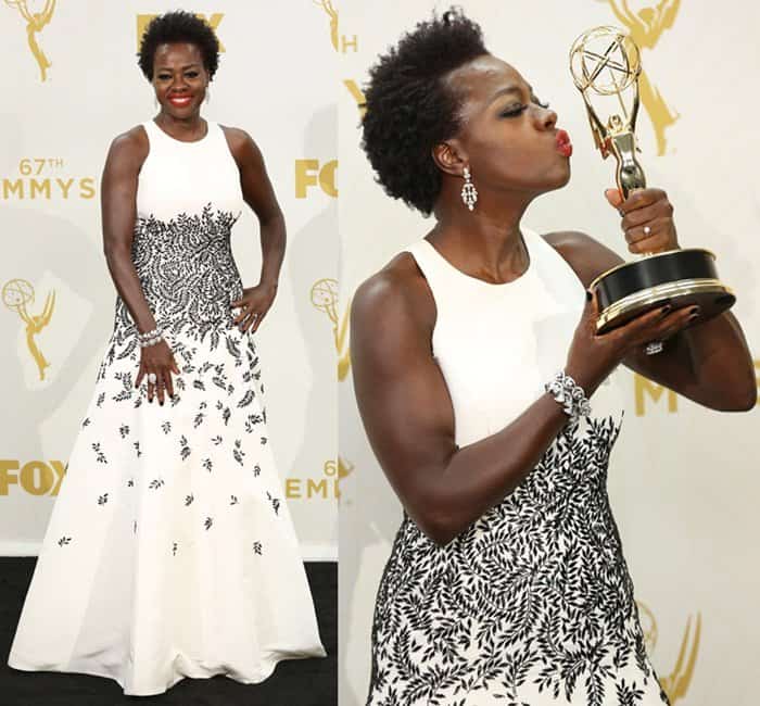 Viola Davis in a Carmen Marc Valvo gown, Stuart Weitzman shoes, and Neil Lane jewelry at the 67th Emmy Awards