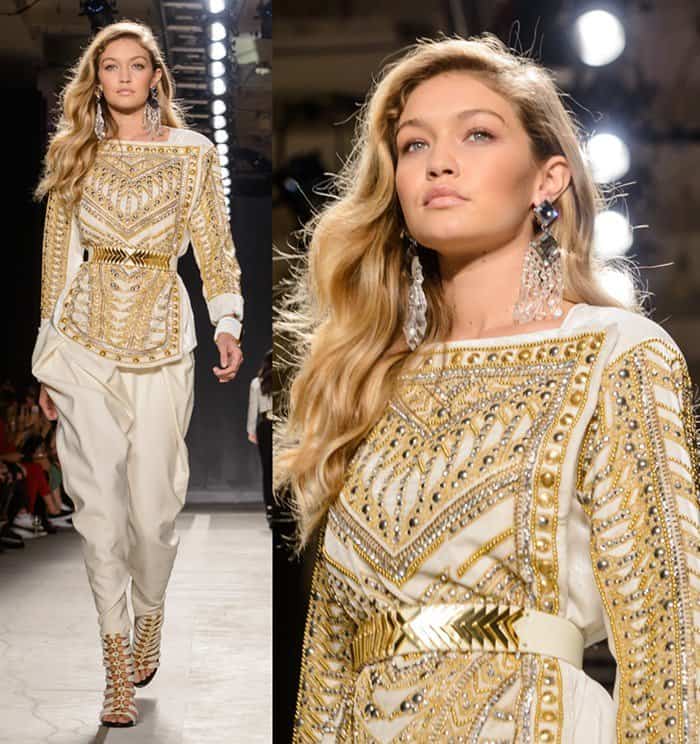 Gigi Hadid walking the runway of the Balmain x H&M collection launch at 23 Wall St. in Manhattan on October 21, 2015