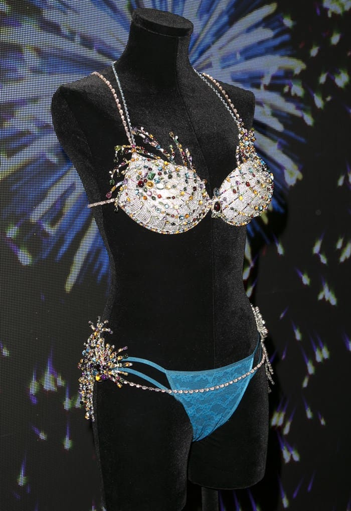 The Fireworks Fantasy Bra took over 685 hours to create with blue topaz, yellow sapphire, red garnet, and pink quartz