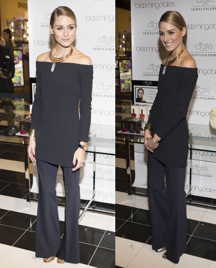 Olivia Palermo shows how to wear woven flared pants with an off-the-shoulder stretch-crepe top
