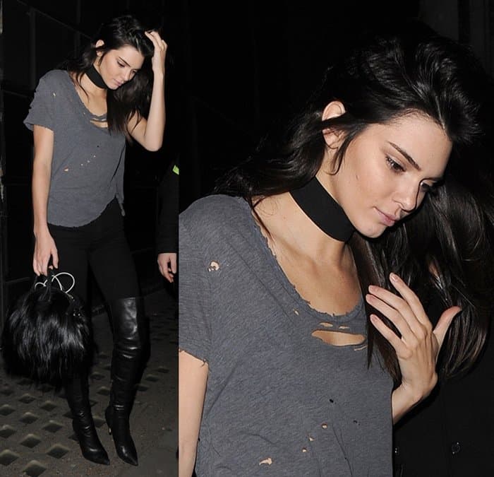 Kendall Jenner wears a black Are You Am I choker in London