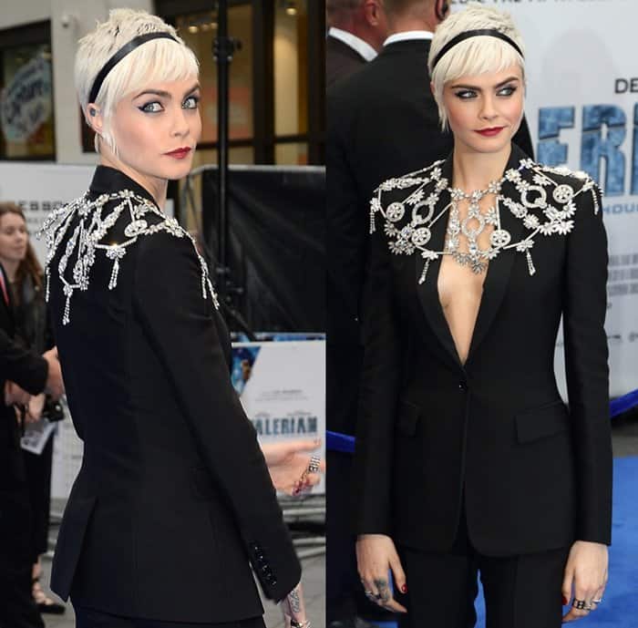 Cara Delevingne rocked an eye-catching crystal necklace at the Valerian premiere in London.