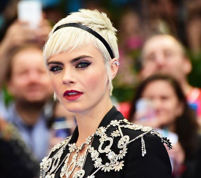 Cara Delevingne stole the show in a bespoke crystal capelet at the Valerian premiere.