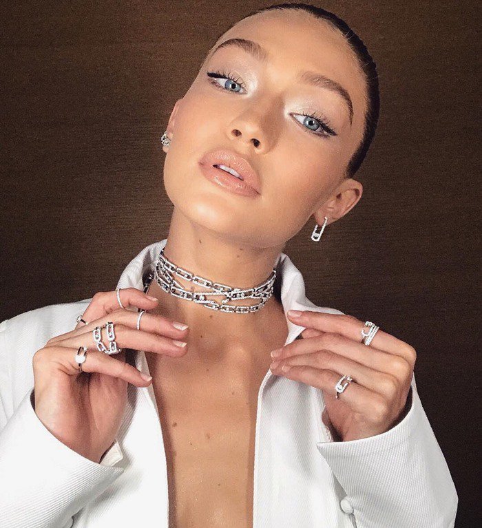 Image shared by Gigi Hadid with the caption "Pinned-up in #MessikabyGigiHadid 💎💎💎, white gold everything @messikajewelry thanks for a great launch last night xxxx 💎🖇" 