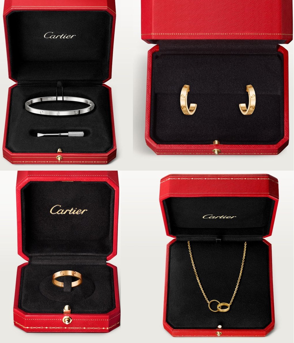 Cartier Love bracelet in white gold, $4,800; Cartier Love earrings in yellow gold, $1,950; Cartier Love wedding band in rose gold, $1,170; Cartier Love necklace in yellow gold, $2,370
