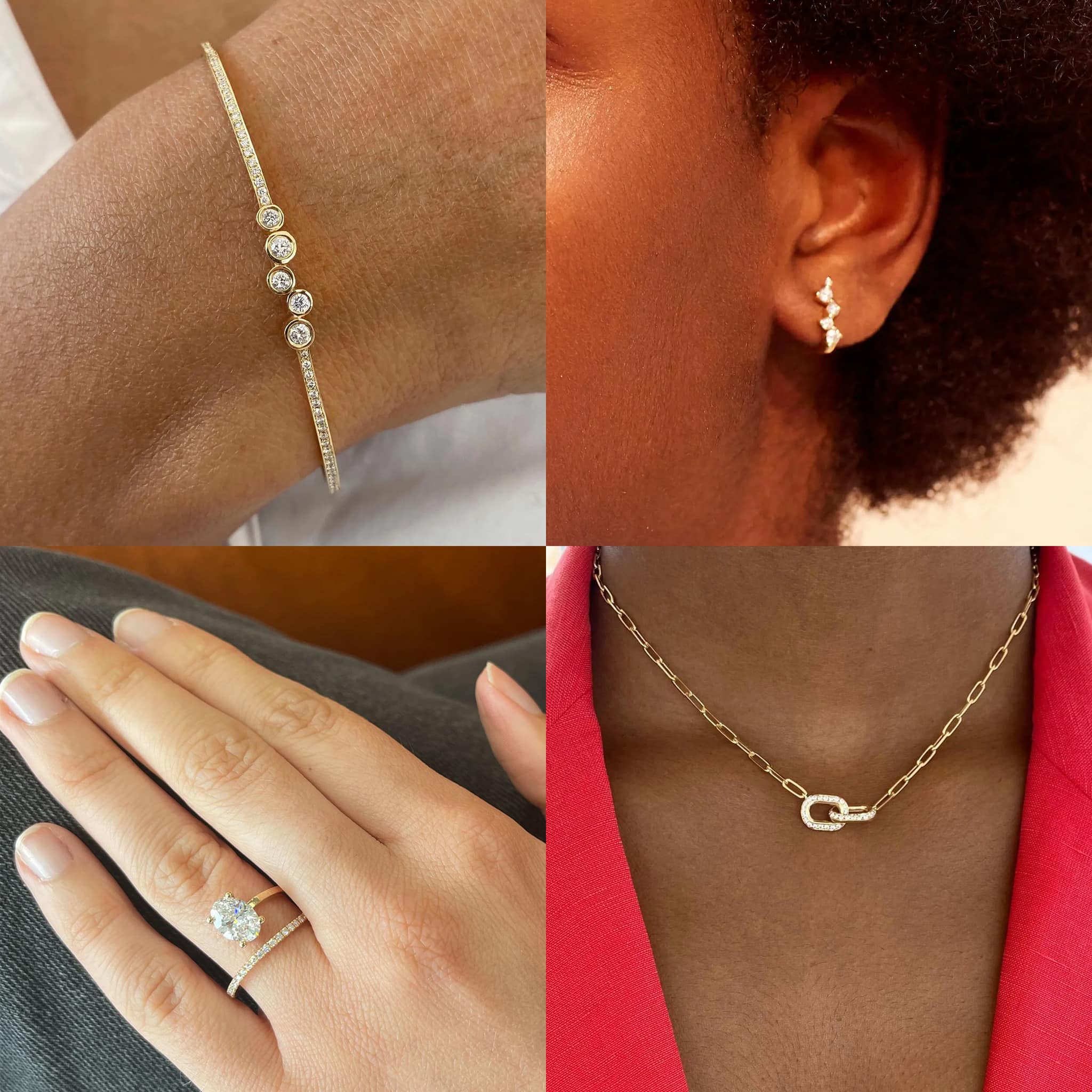 Kimai Musa Lab Diamond bangle bracelet, $1,895; Comet Clip Hood stud earrings, $395; Kimai The Billie Pave ring, $2,810; Kimai Unity Recycled Gold Chain necklace, $1,795